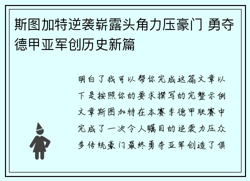 斯图加特逆袭崭露头角力压豪门 勇夺德甲亚军创历史新篇